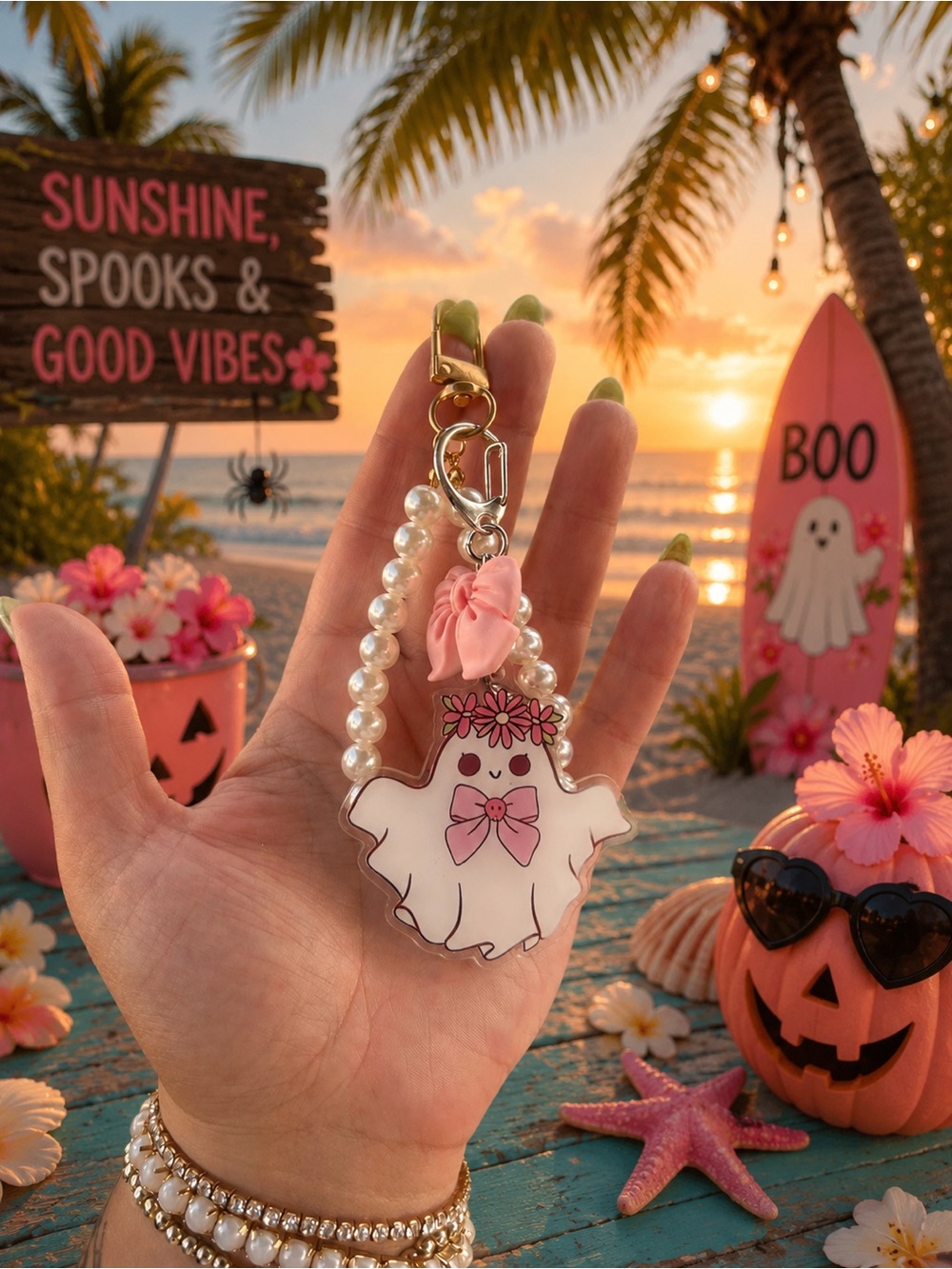 Cute Ghost Charm Keychain with Pink Bow & Pearl Strap